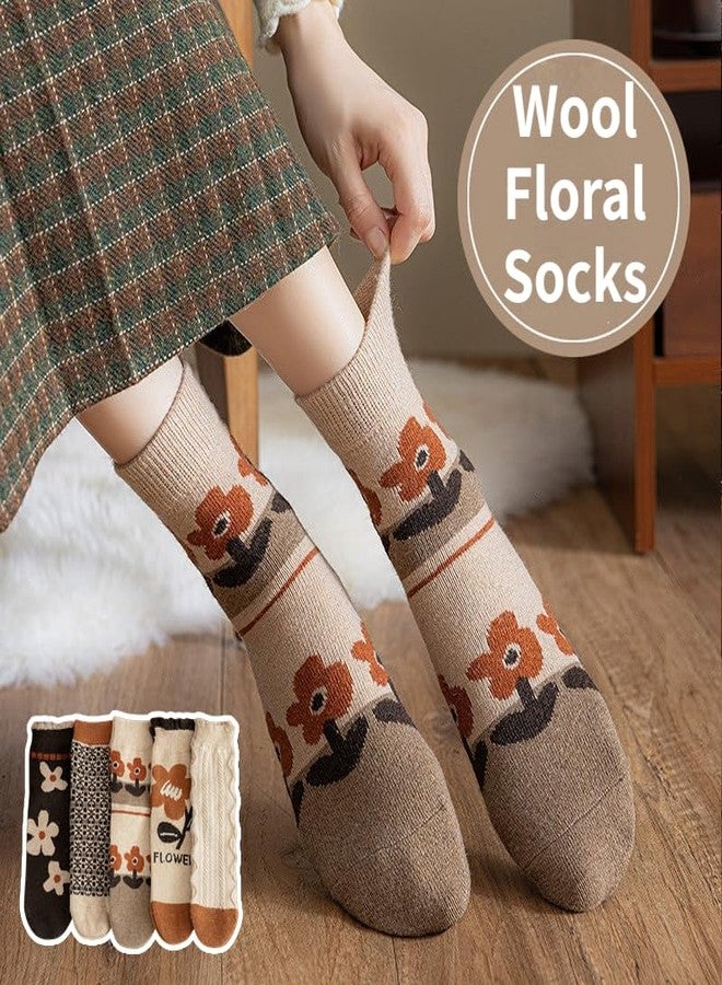 جوارب صوفية للنساء من FORJMMP، 5/10 أزواج، جوارب سميكة محبوكة مريحة بتصميم عتيق لطيف بنقشة حيوانات وزهور (5 أزواج - برتقالي) - Image 2